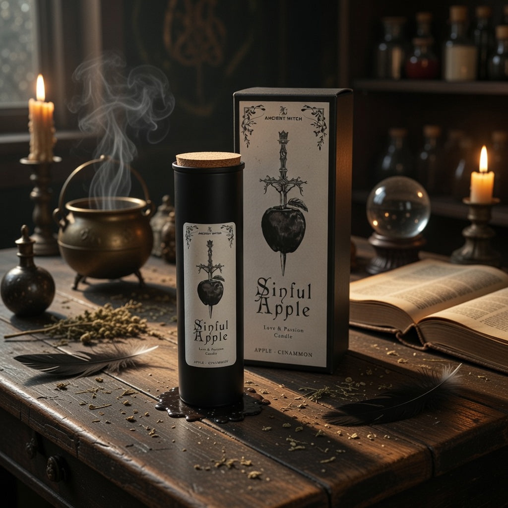 Sinful apple love and passion spell candle with presentation box, on a wooden surface with book and candle