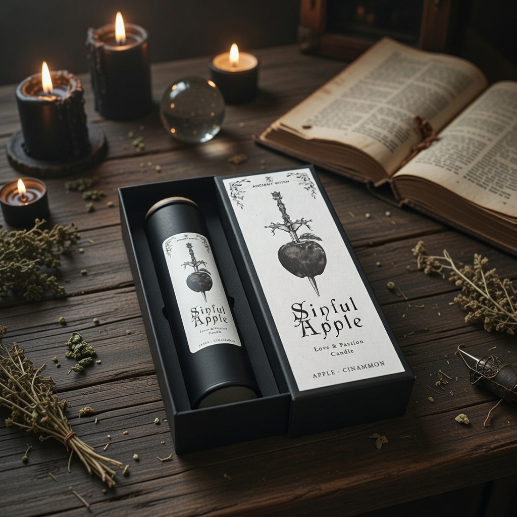 Sinful apple love and passion spell candle with presentation box, on a wooden surface with herbs and candle