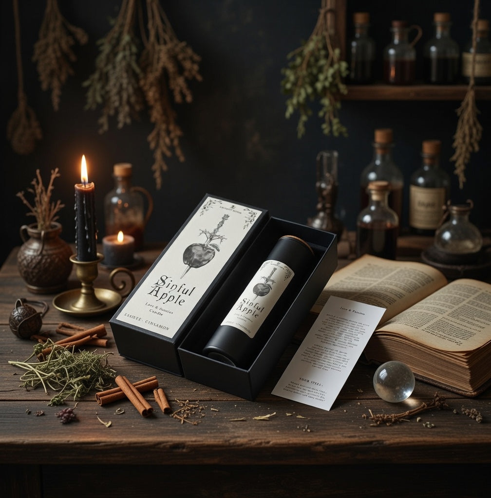 Sinful apple love and passion spell candle with presentation box, on a wooden surface with herbs and candle