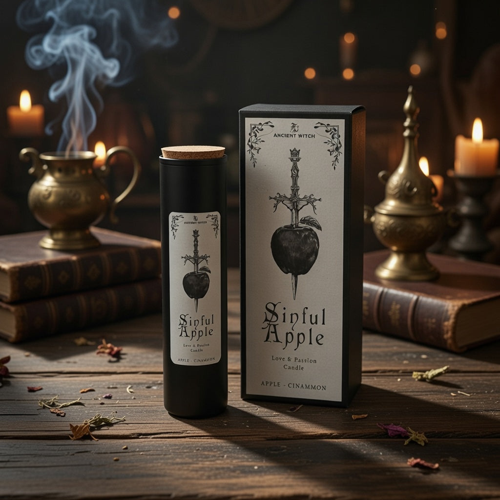 Sinful apple love and passion spell candle with presentation box, on a wooden surface with herbs and candle
