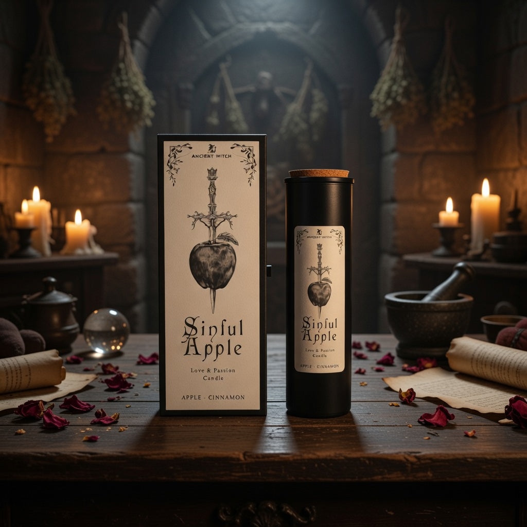 Sinful apple love and passion spell candle with presentation box, in a gothic setting