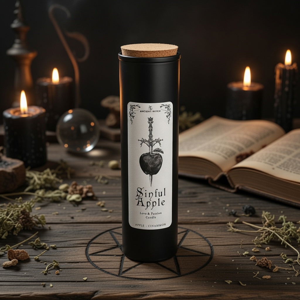 Bottle labeled 'Sinful Apple' on a wooden table with candles and books in the background