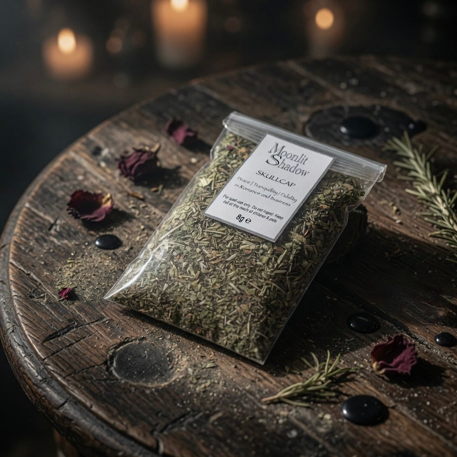 Packaged skullcap spell  herbs on a wooden surface with candles in the background