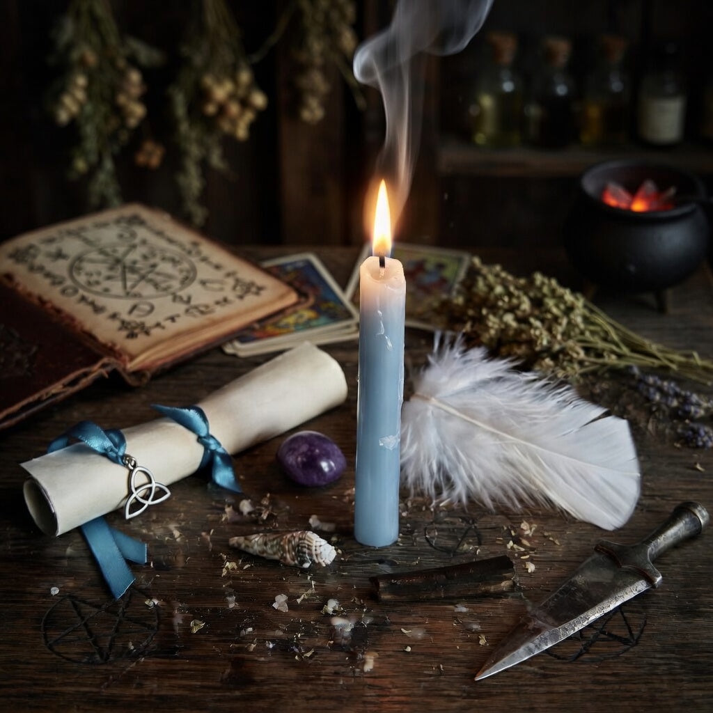 Sleep soundly spell casting. Candle burning on a wooden surface with sorcery markings, books, tarot cards, and other mystical items.