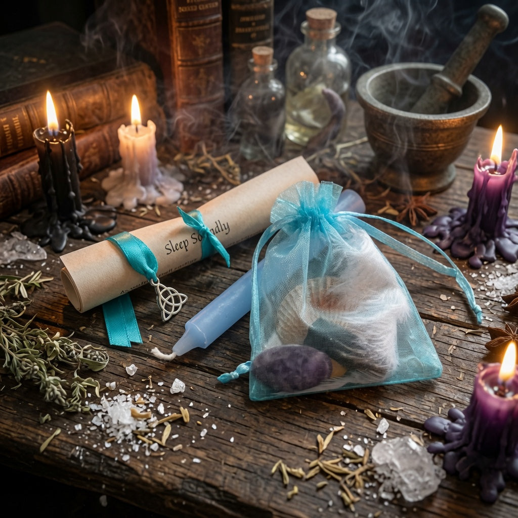 Sleep soundly spell kit with a blue drawstring bag, candles, and herbs on a wooden surface with witchcraft items behind