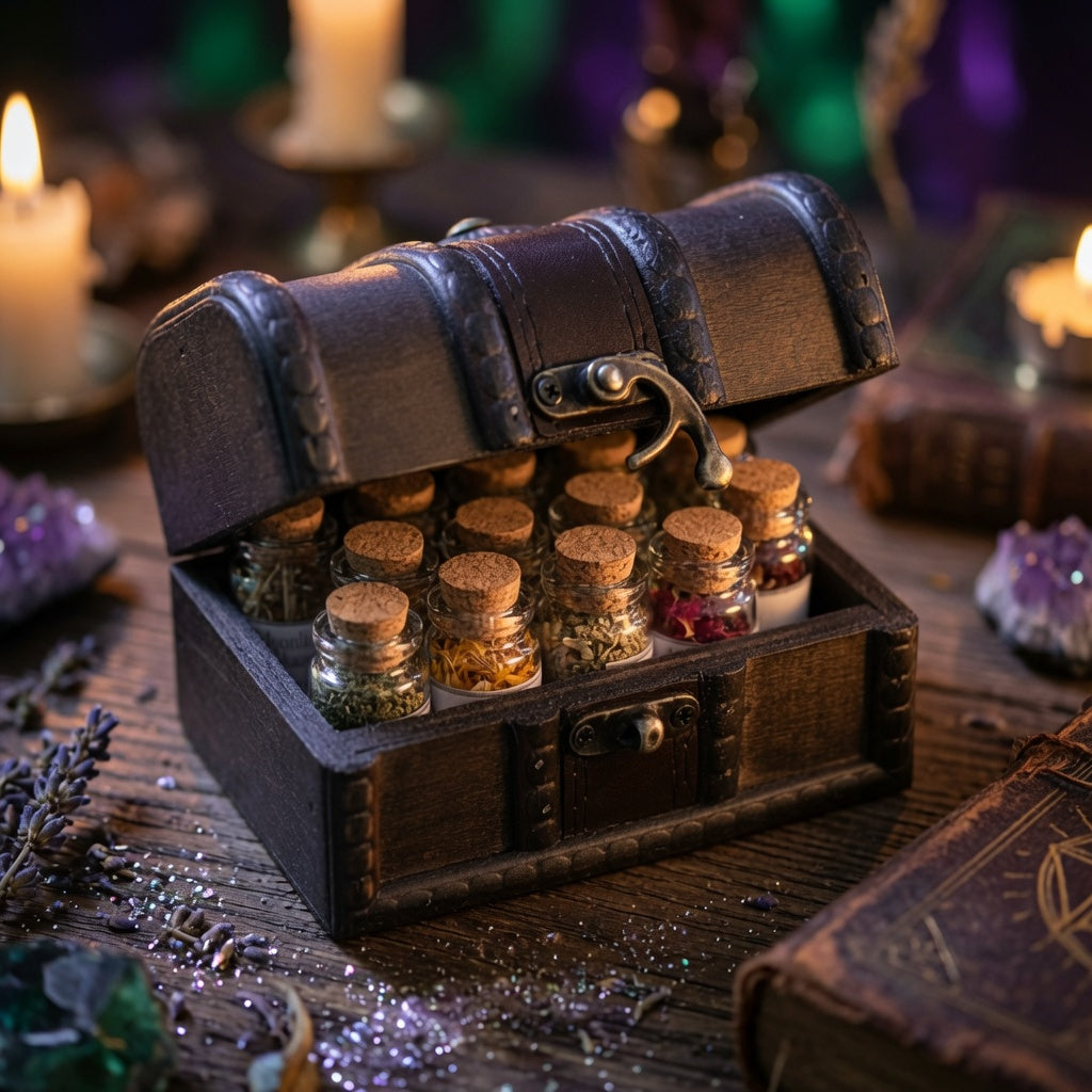 Wooden chest with small herb bottles on a mystical background with candles and books.