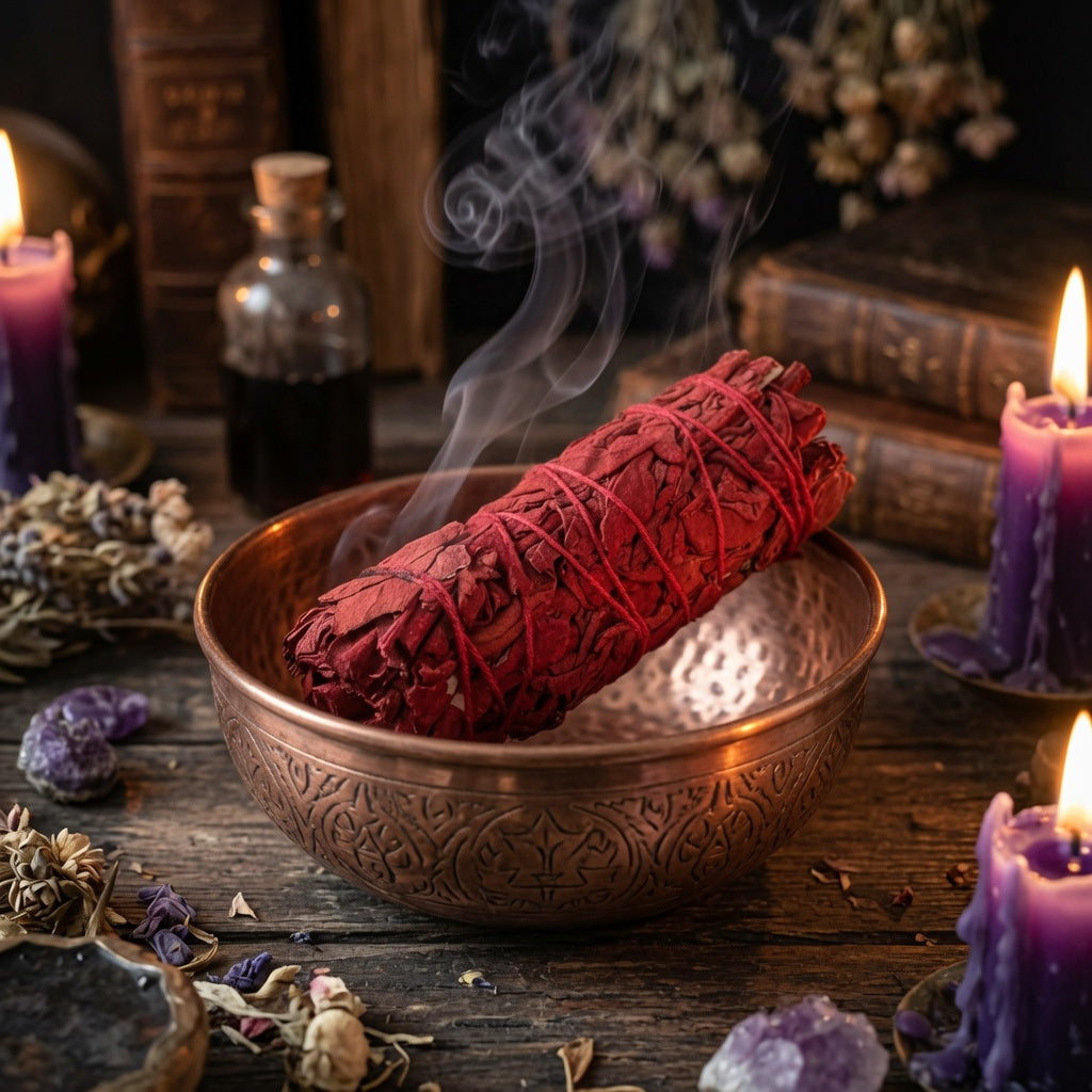 Dragon's blood smudge stick in a copper bowl with smoke, surrounded by candles and herbs on a wooden table.