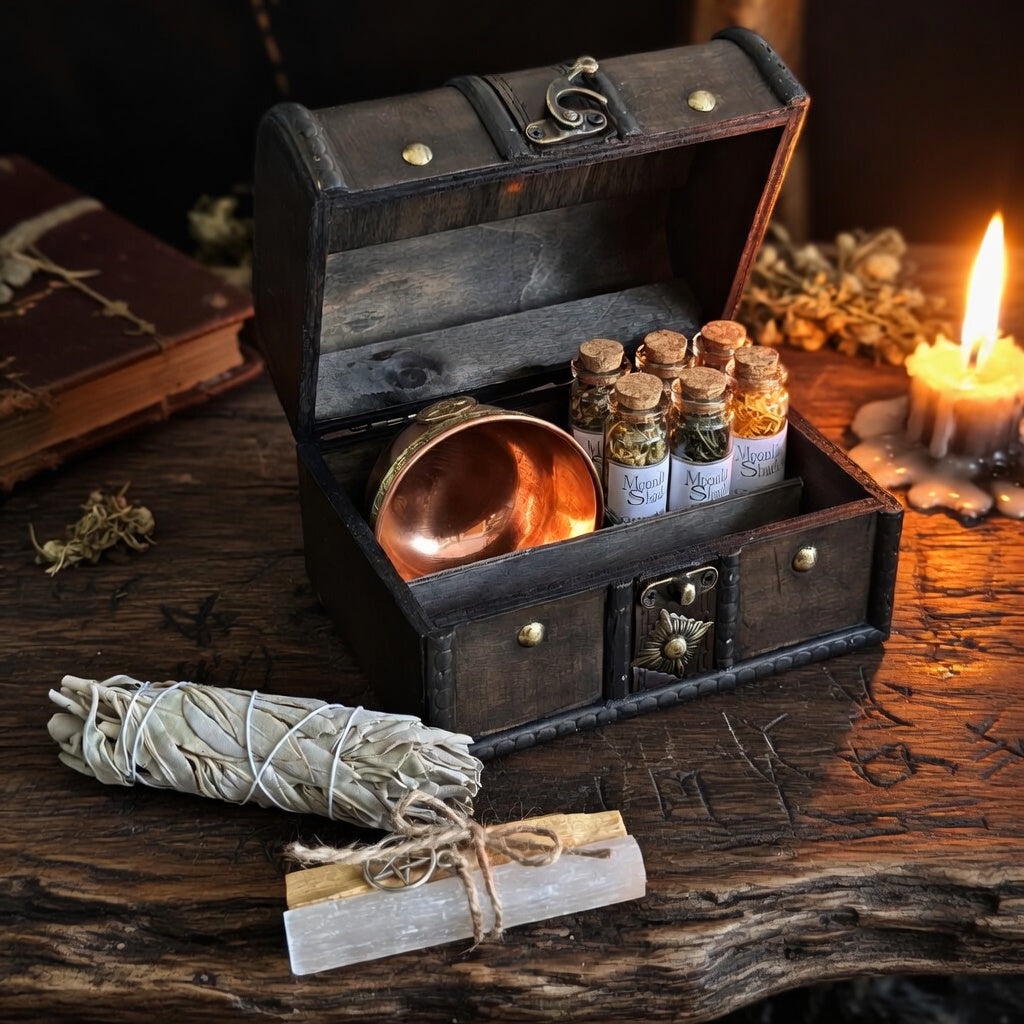 Boxed smudging and cleansing gift set on carved wooden surface with candle