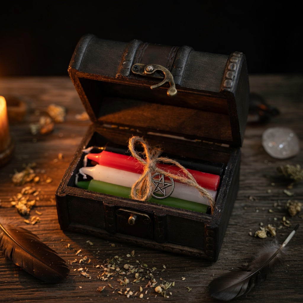 Open wooden box with colored spell candles and a pentagram on a dark wooden surface with witchcraft items
