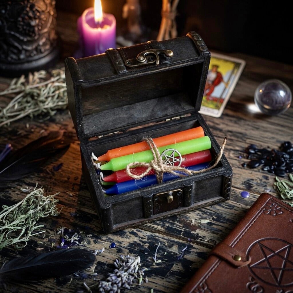 Wooden box with a bundle of twelve coloured spell candles, on a wooden surface with herbs and a lit candle