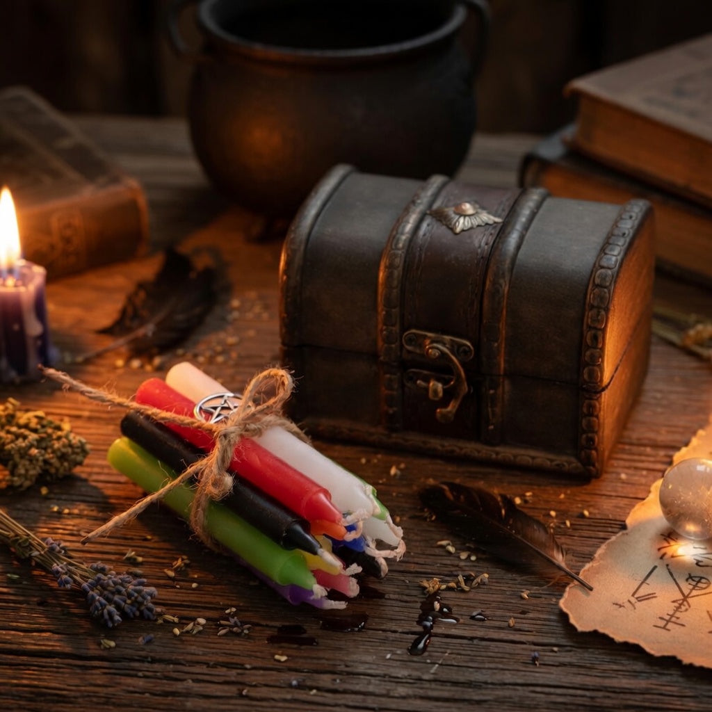 Wooden box with a bundle of twelve coloured spell candles, on a wooden surface with herbs and occult books