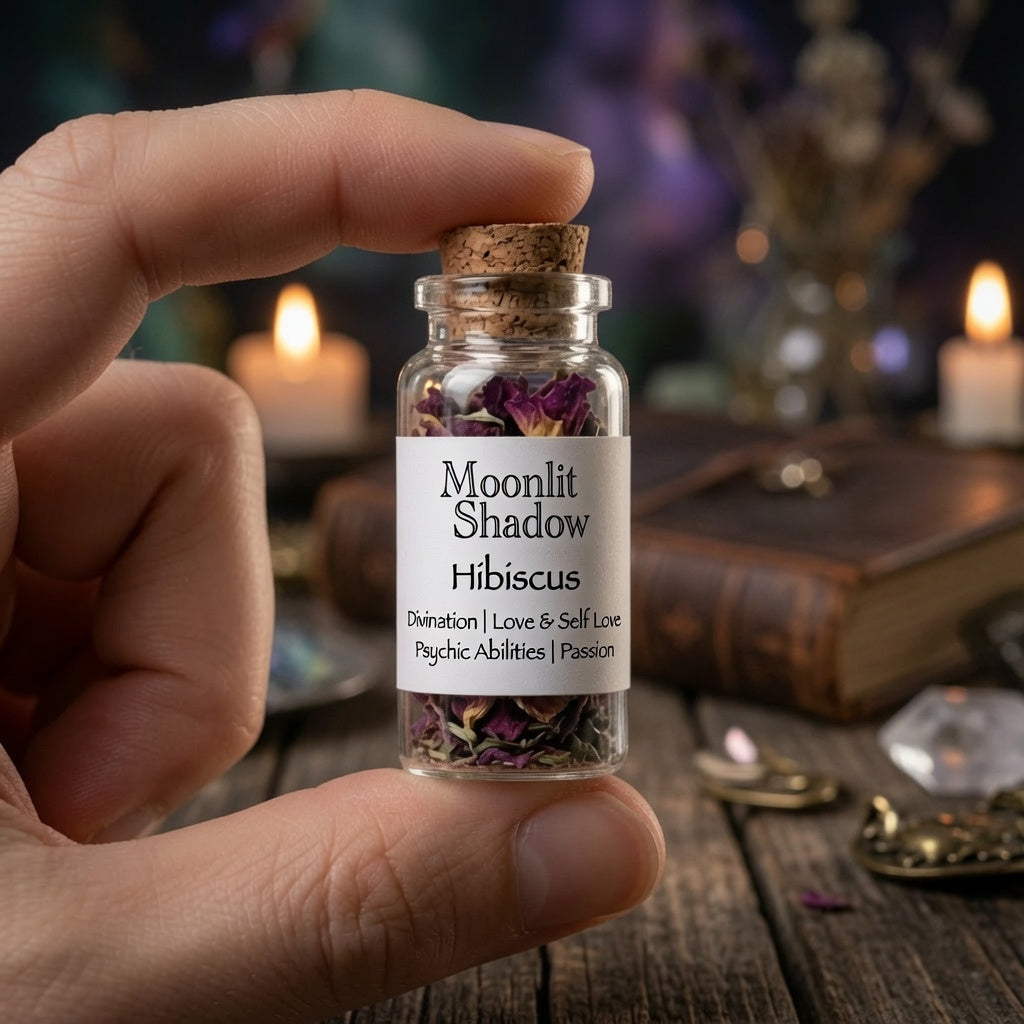 Hand holding a small glass herb bottle labeled 'Moonlit Shadow Hibiscus' with candles and books in the background