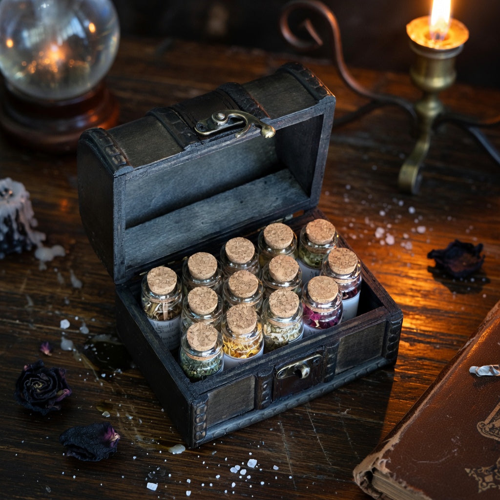 Wooden chest with small pagan herb bottles on a wooden surface with candles and books in the background