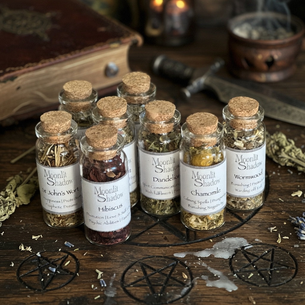 Small glass bottles with cork lids containing spell herbs, including st johns wort, hibiscus, dandelion, chamomile and wormwood, on a wooden surface with witchcraft items.