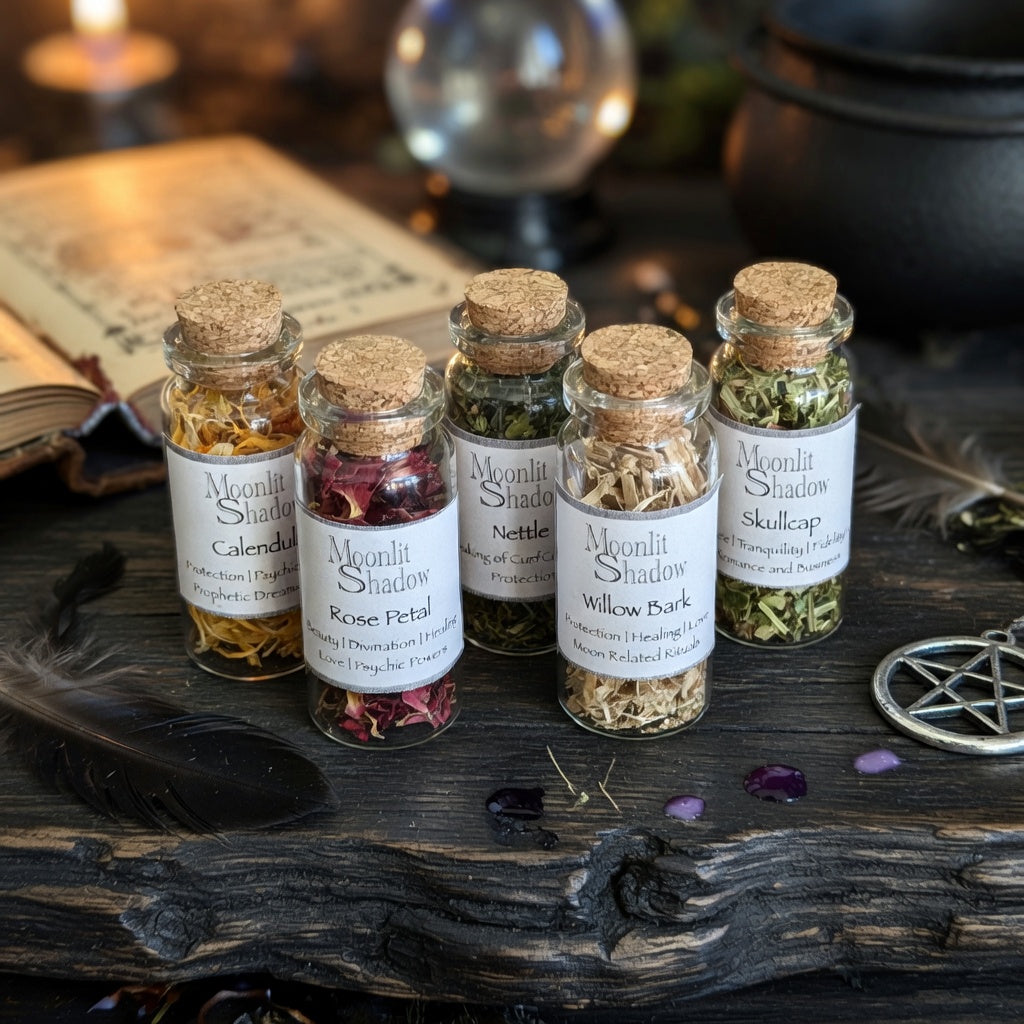 Set of small glass bottles with cork lids containing calendula, rose petal,nettle, willow bark and skullcap on a wooden surface with books and a pentacle symbol.