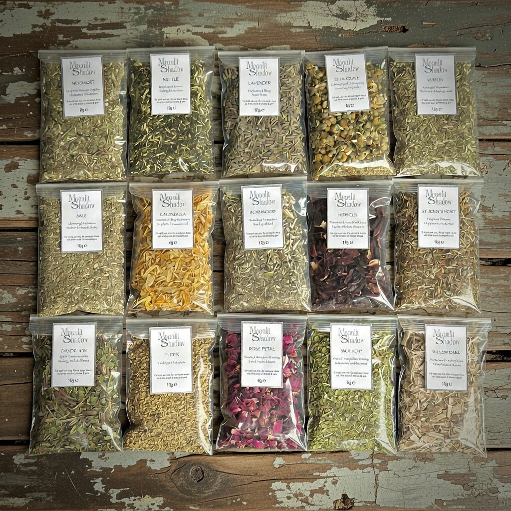 Assorted dried spell herbs in clear packaging on a wooden surface, including mugwort, yarrow, dandelion and nettle