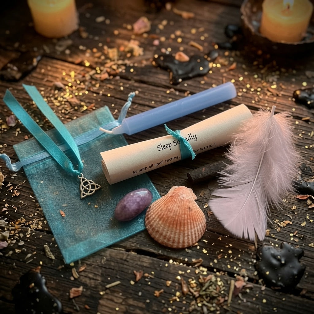 Sleep soundly spell kit contents. Scroll, feather, palo santo, shell and blue candle, on a rustic wooden surface with herb sprinkles and witchcraft related items