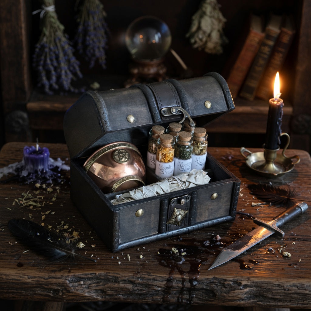 Spiritual cleansing gift set on wooden table with occult candle and athame