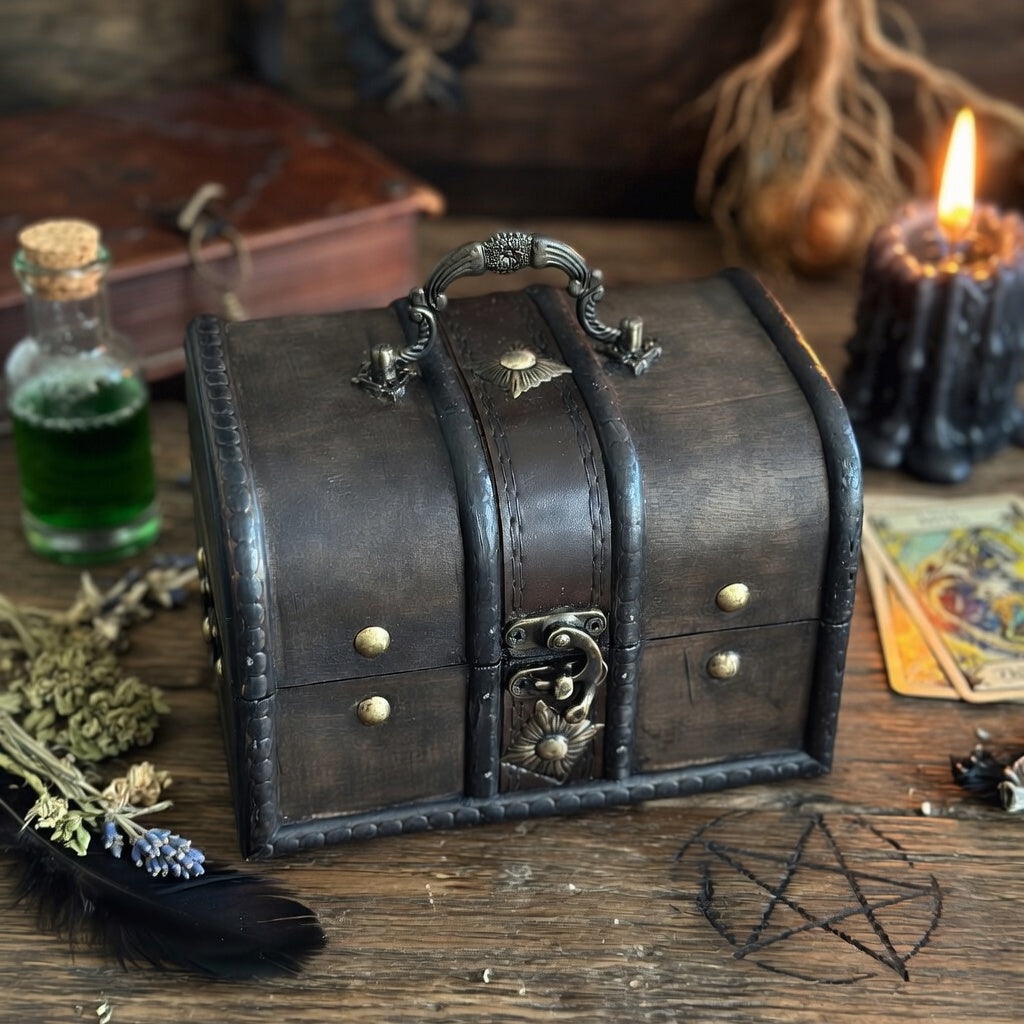 Boxed  smudging gift set on carved wooden surface with candle and occult symbol