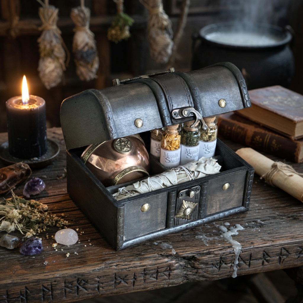 Spiritual cleansing gift set on wood carved with occult symbols, with scroll candle and books