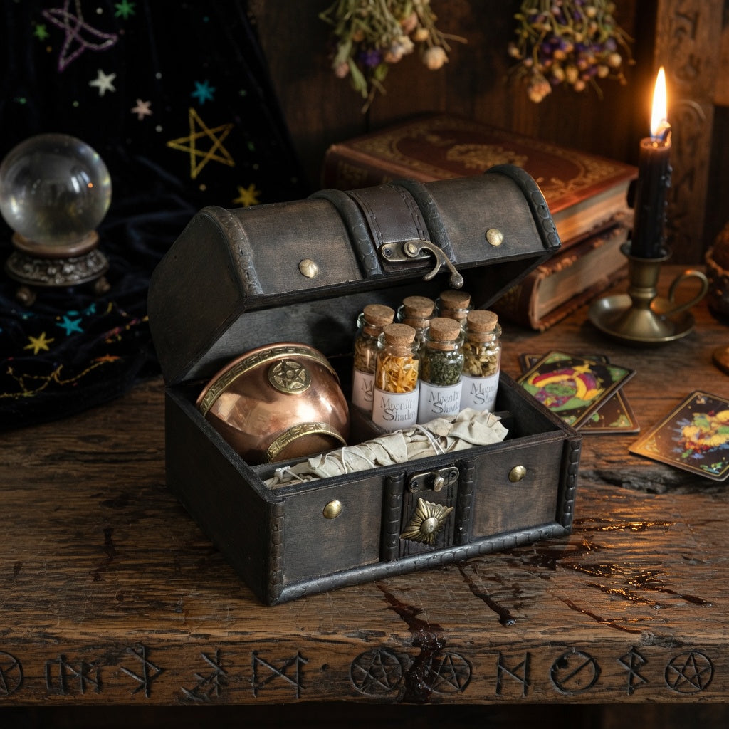Smudging set on pagan carved wood table, with candles and books