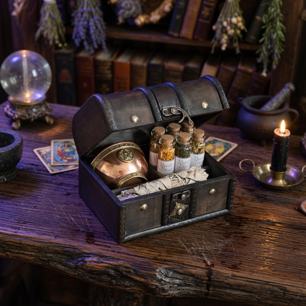 Smudging and cleansing set on rough wooden table with withraft items behind