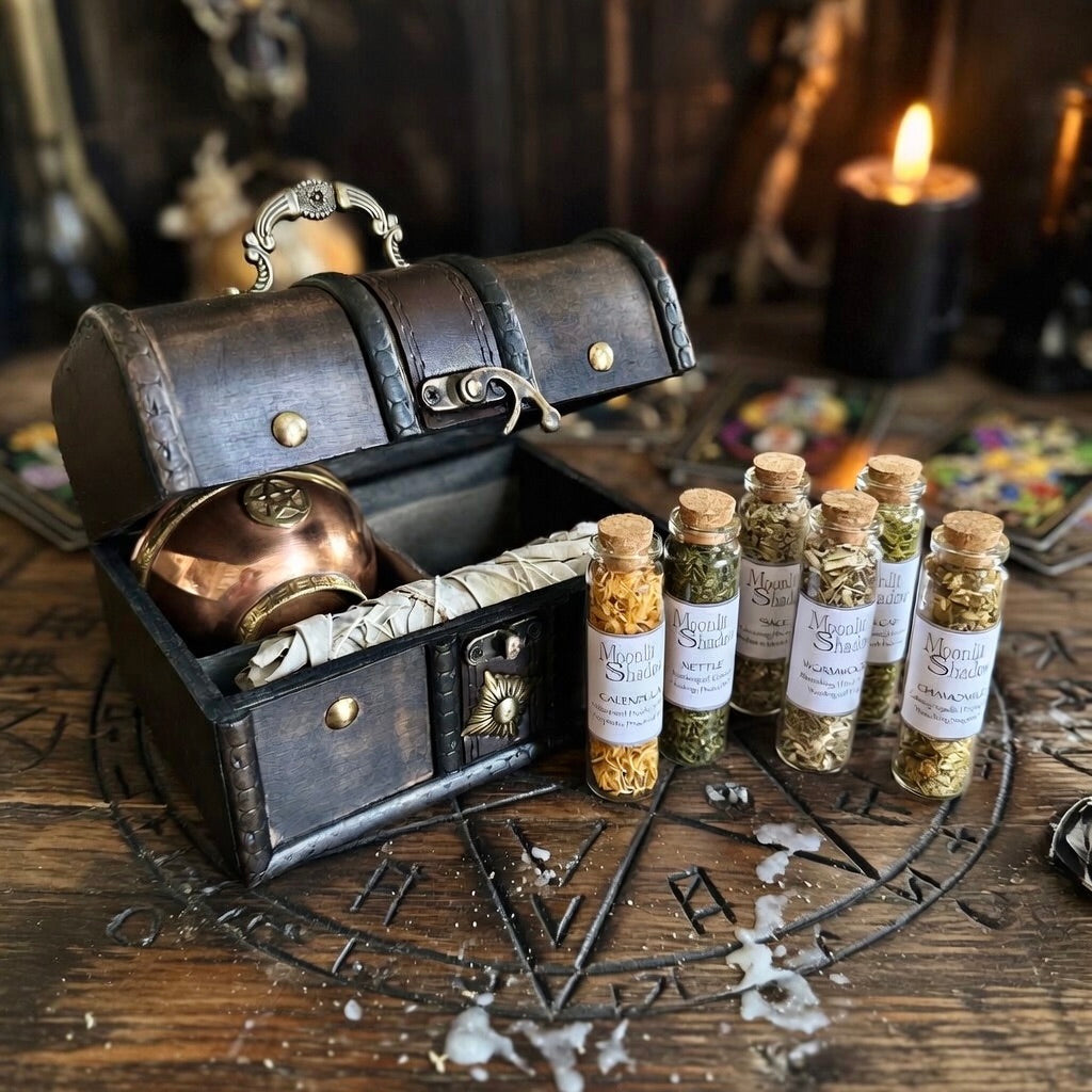 Spiritual gift set with 6 glass herb bottles, copper smudge bowl and box, on a carved wooden surface 