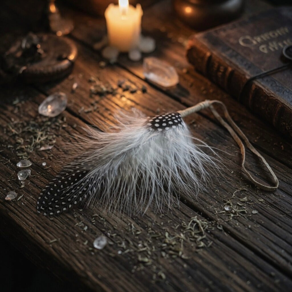 Smudging feather on a wooden surface with candles and books in the background