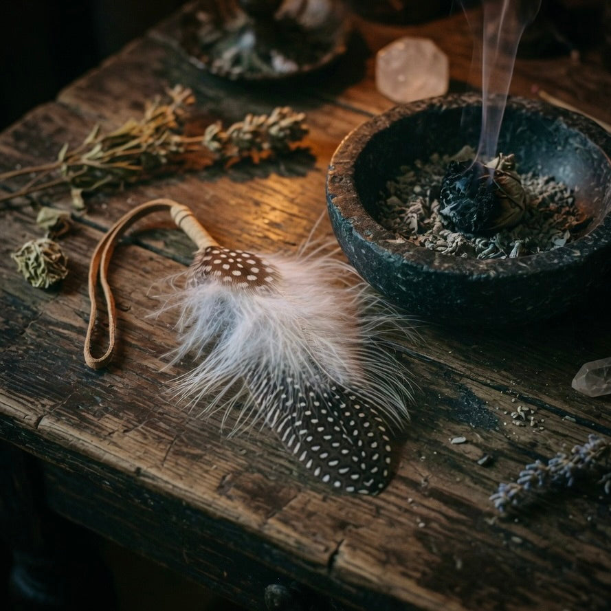 Spotted smudging feather and smudge bowl on a wooden surface with feathers and dried herbs.
