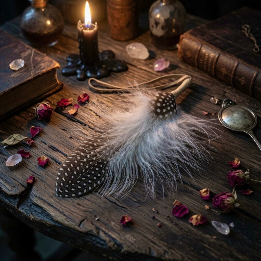 Spotted smudging feathers on a wooden surface with candles and books, evoking a mystical or magical atmosphere.