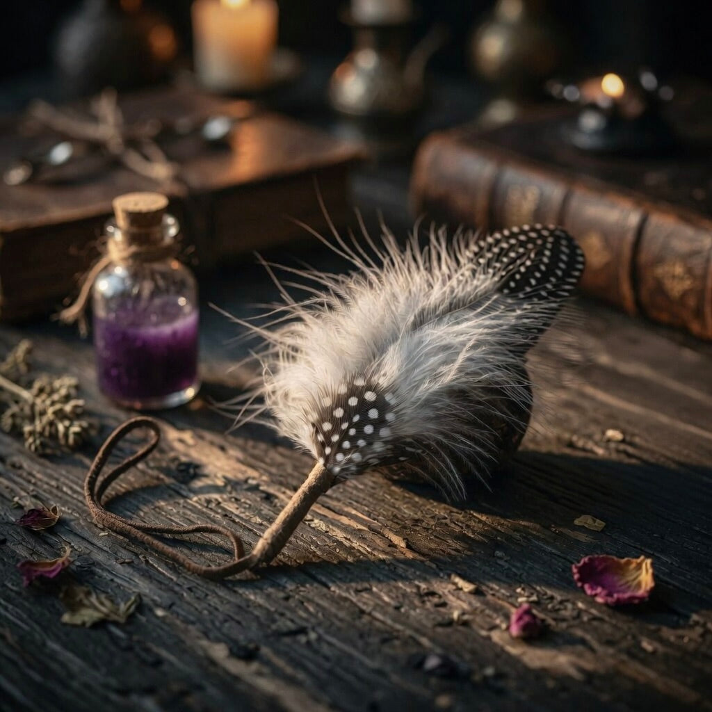spotted smudge feather and strap on a wooden surface with books and bottles in the background