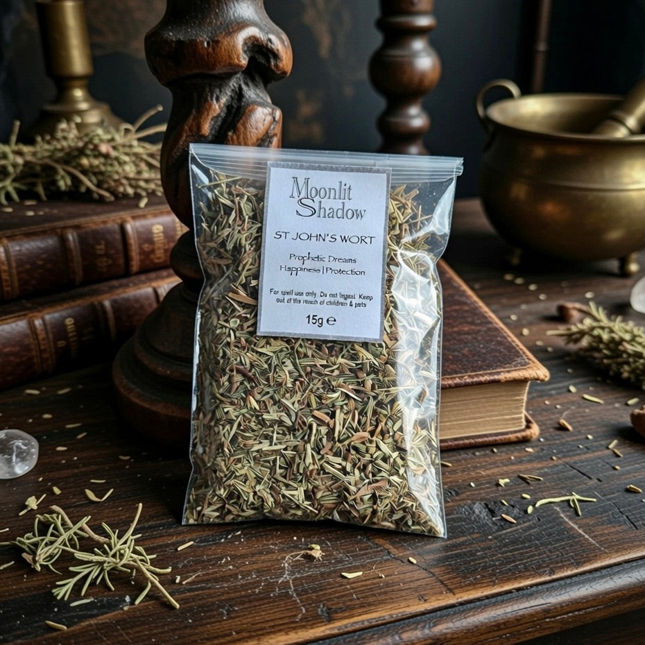 Packaged St. John's Wort spell herb on a wooden surface with books and a brass container in the background.