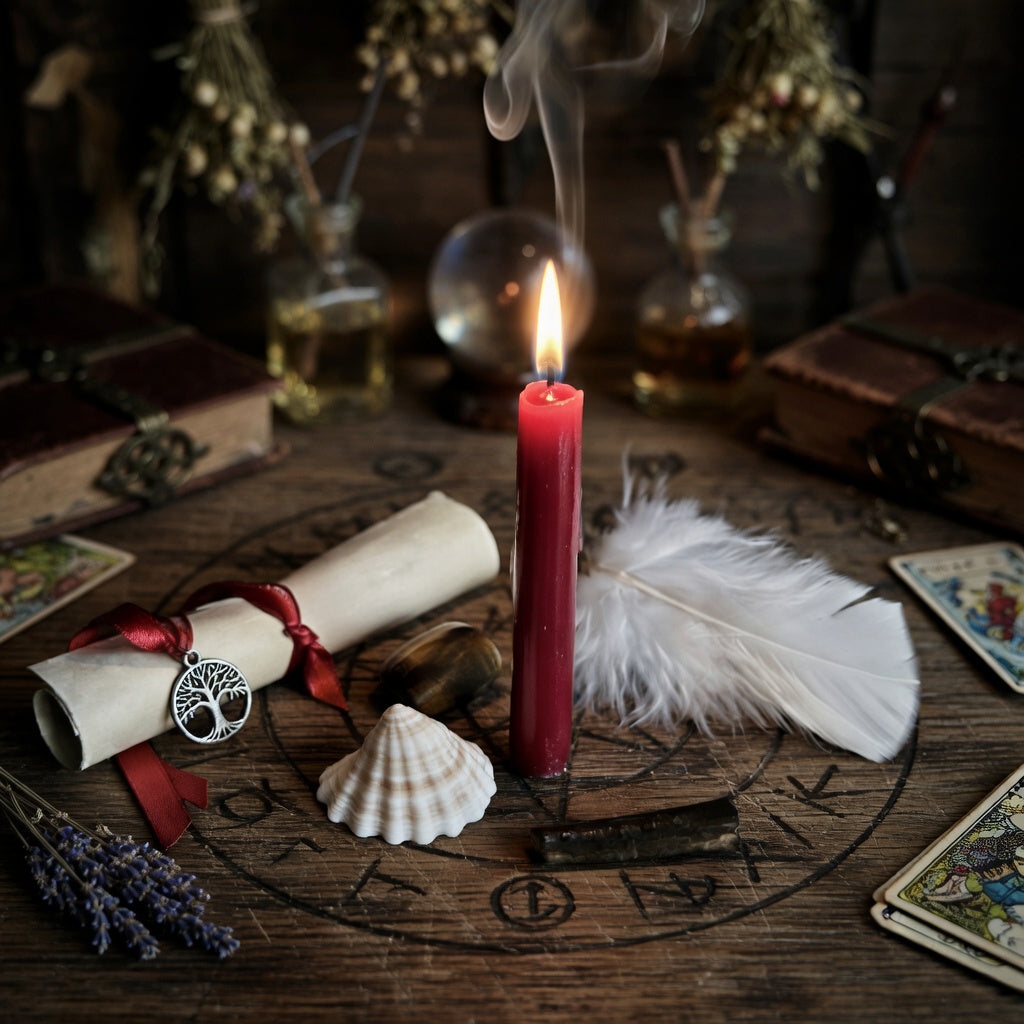 Strength spell casting with lit red candle, scroll, feather and shell, on a carved wood surface