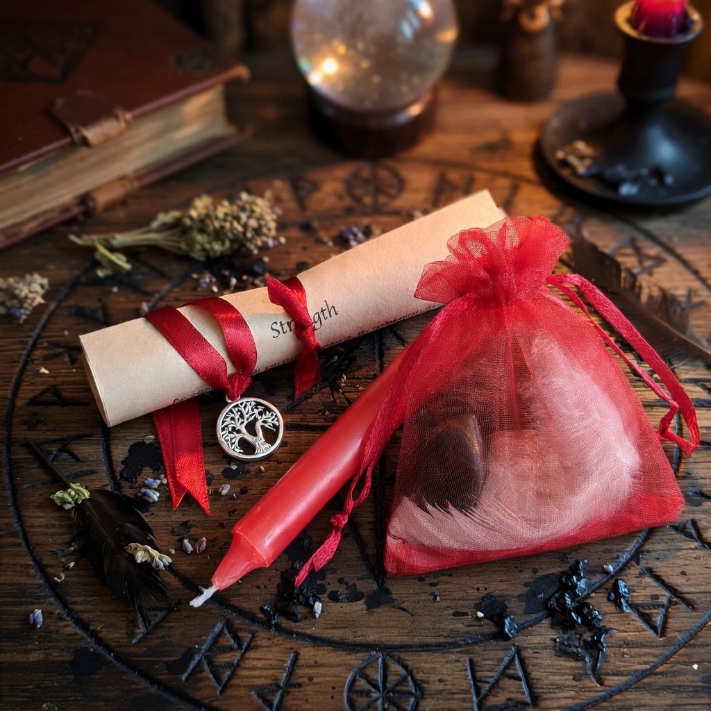 Strength spell kit with scroll and candle on carved occult themed wooden surface