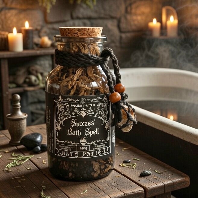 Success bath spell potion on a wooden surface with a bathtub in the background.