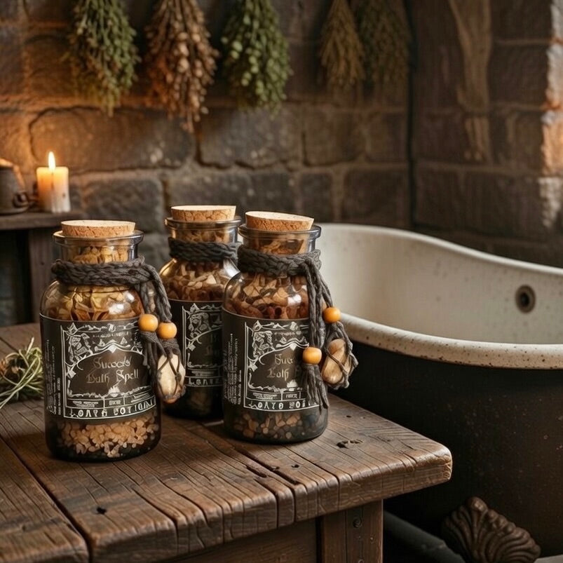 Three success bath spell potion bottles on a wooden surface with a bathtub in the background.