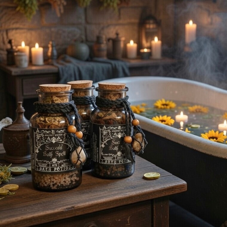 Three success bath spell potion bottles on a wooden surface with a bathtub in the background.