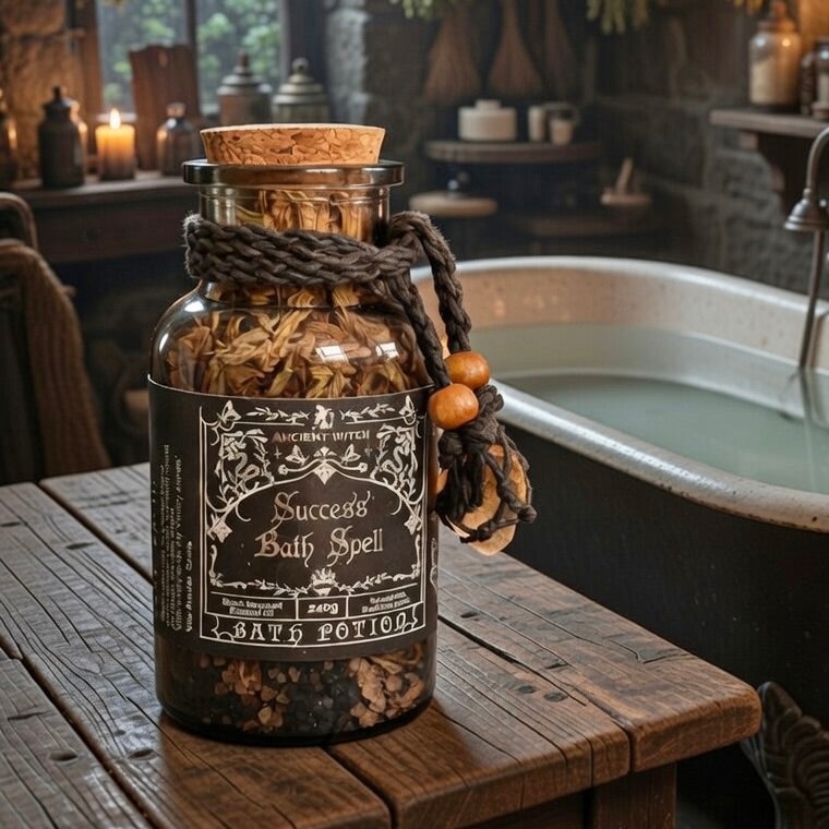 Success bath spell potion on a wooden surface with a bathtub in the background.