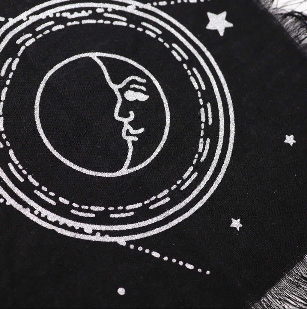 Black fringed small altar cloth with white celestial designs