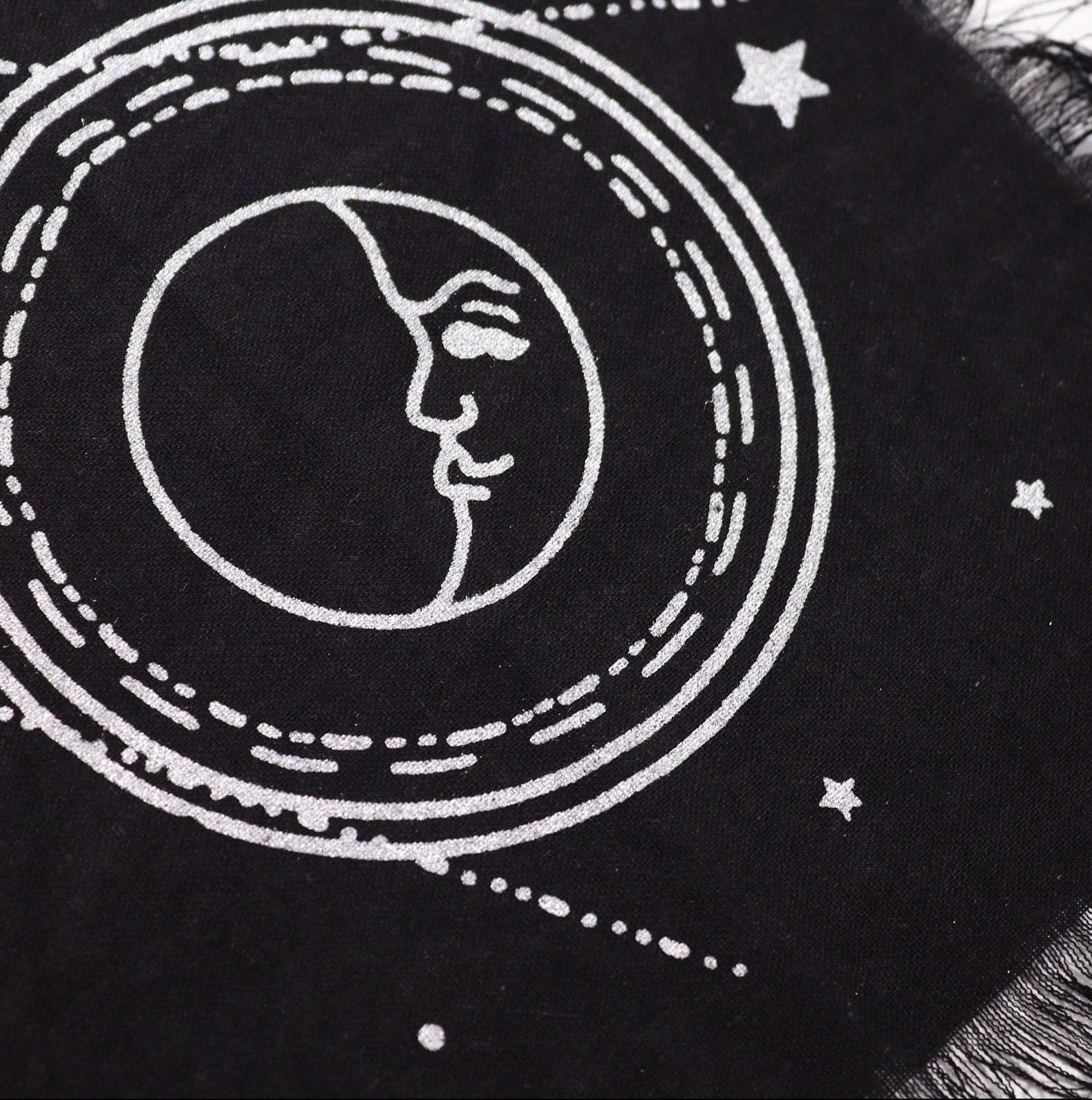 Black fringed small altar cloth with white celestial designs