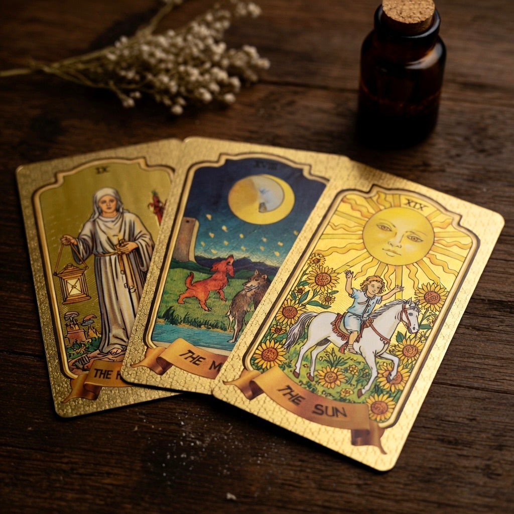 Three golden tarot cards on a wooden surface with a bottle and flowers in the background