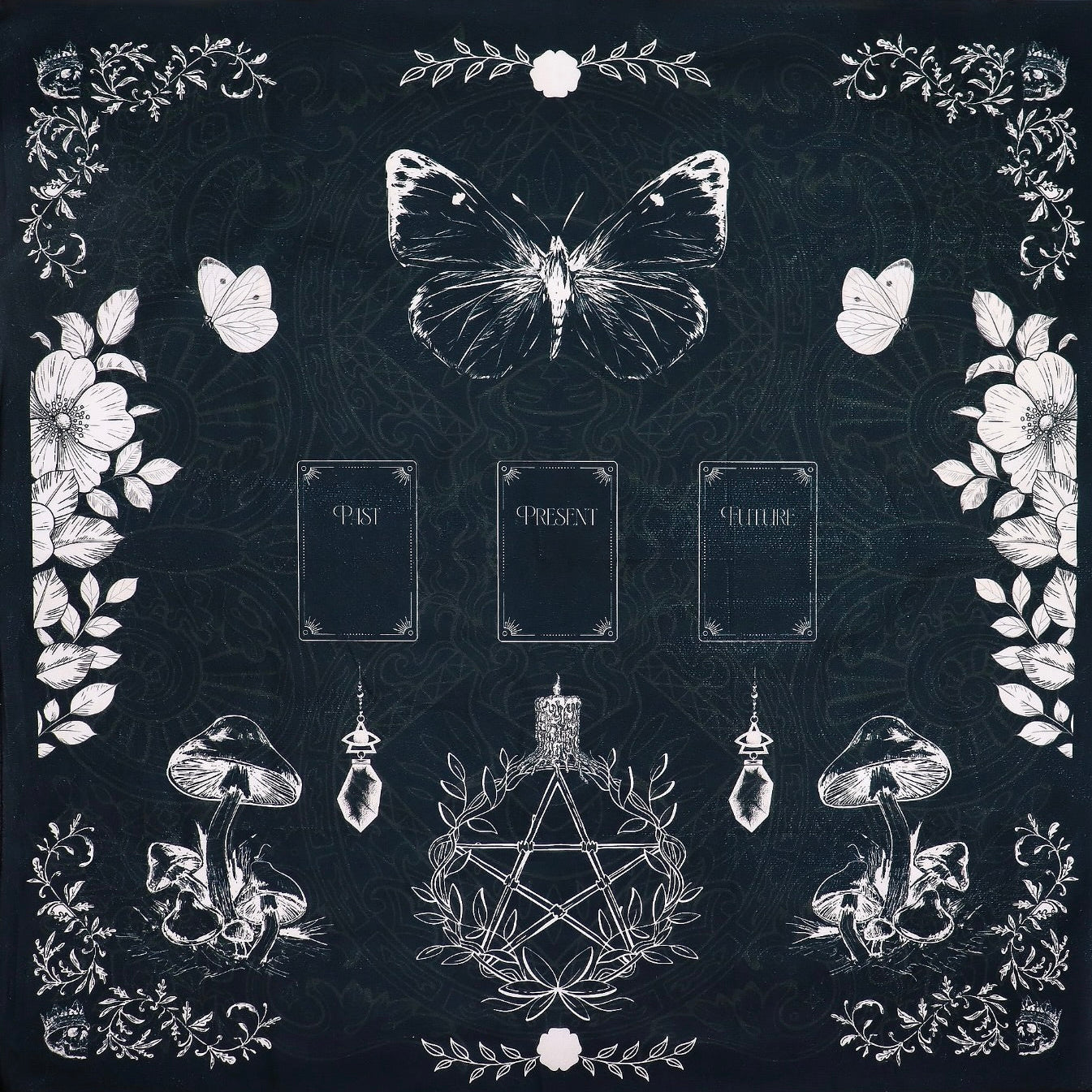 Black tarot reading cloth featuring past, present, and future, with witch's garden design. Skulls, butterflies, flowers and toadstools