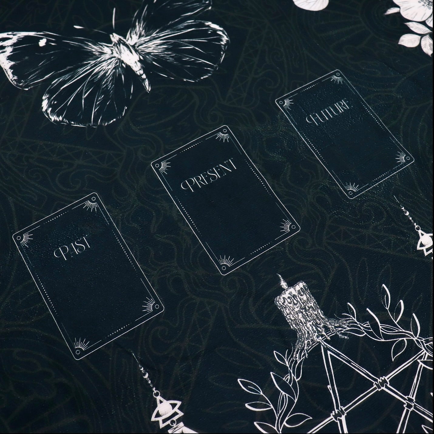 Black tarot reading cloth featuring past, present, and future, with witch's garden design. Skulls, butterflies, flowers and pentagram