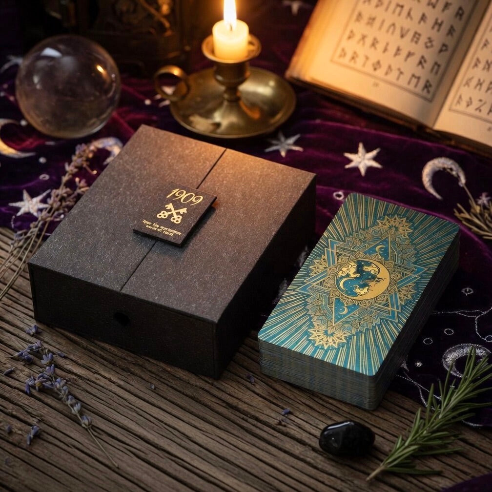 Tarot presentation box, tarot cards, and mystical items on a wooden surface.