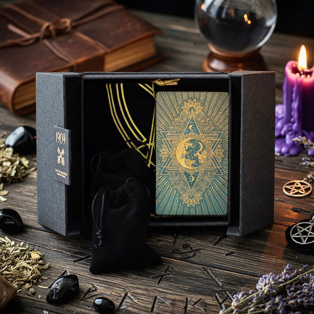 Tarot presentation box, tarot cards, on a carved wooden table with mystical items