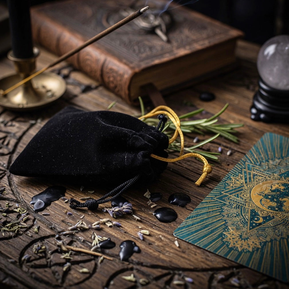 Black velvet pouch and tarot card, on a wooden surface with herbs, a candle, and a crystal ball.