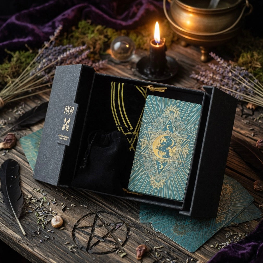 Open teal and gold tarot presentation set, on a carved wooden surface with occult marking and witchcraft related items