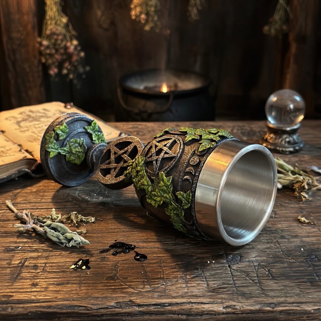 Aged pentagram chalice with pentacle design on a wooden surface with herbs and an open book.