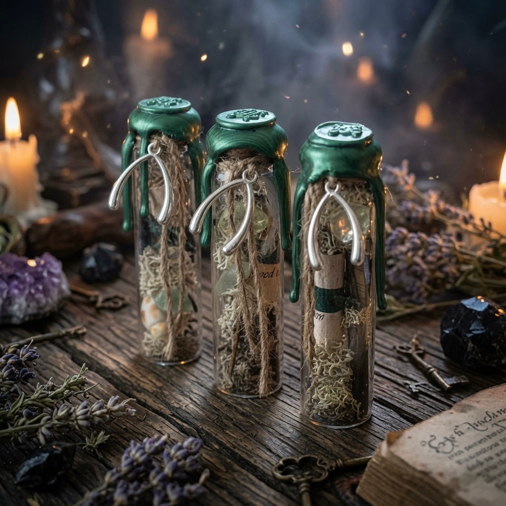 Three good luck charm bottles with green wax seal and wishbone charm, on  wooden surface with herbs, a book and  candles