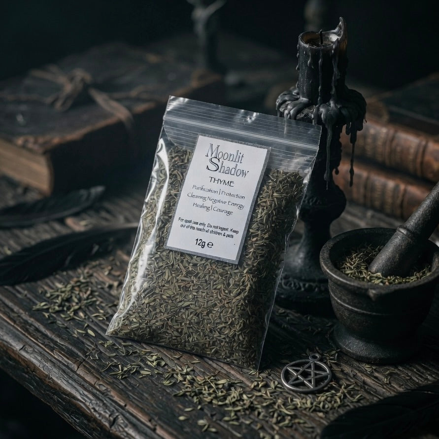 Packaged thyme spell herbs labeled 'Moonlit Shadow' on a dark wooden surface with a candle and mortar and pestle.